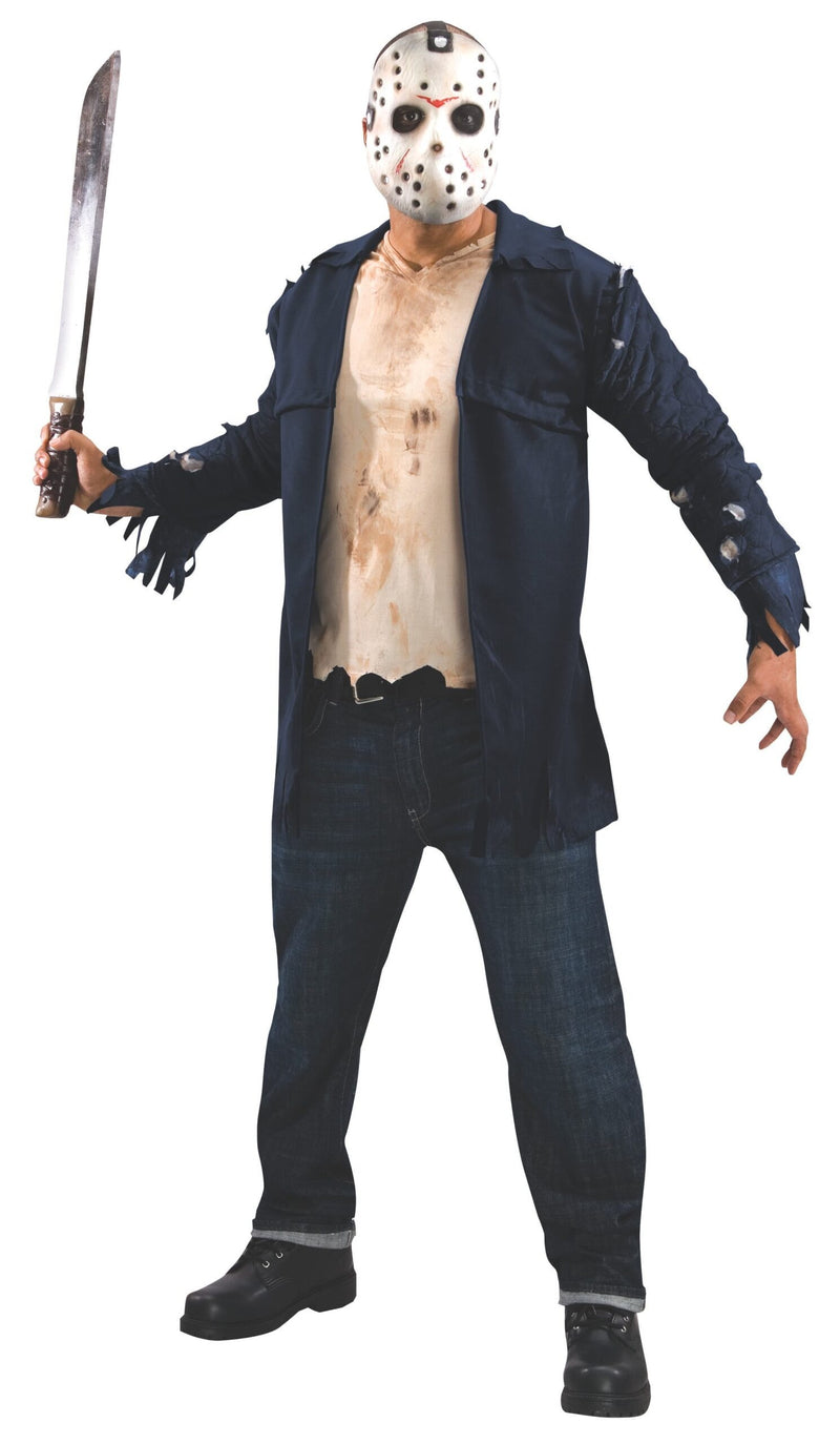 Adult Jason Voorhees costume with navy distressed jacket, bloodied shirt front and white hockey mask