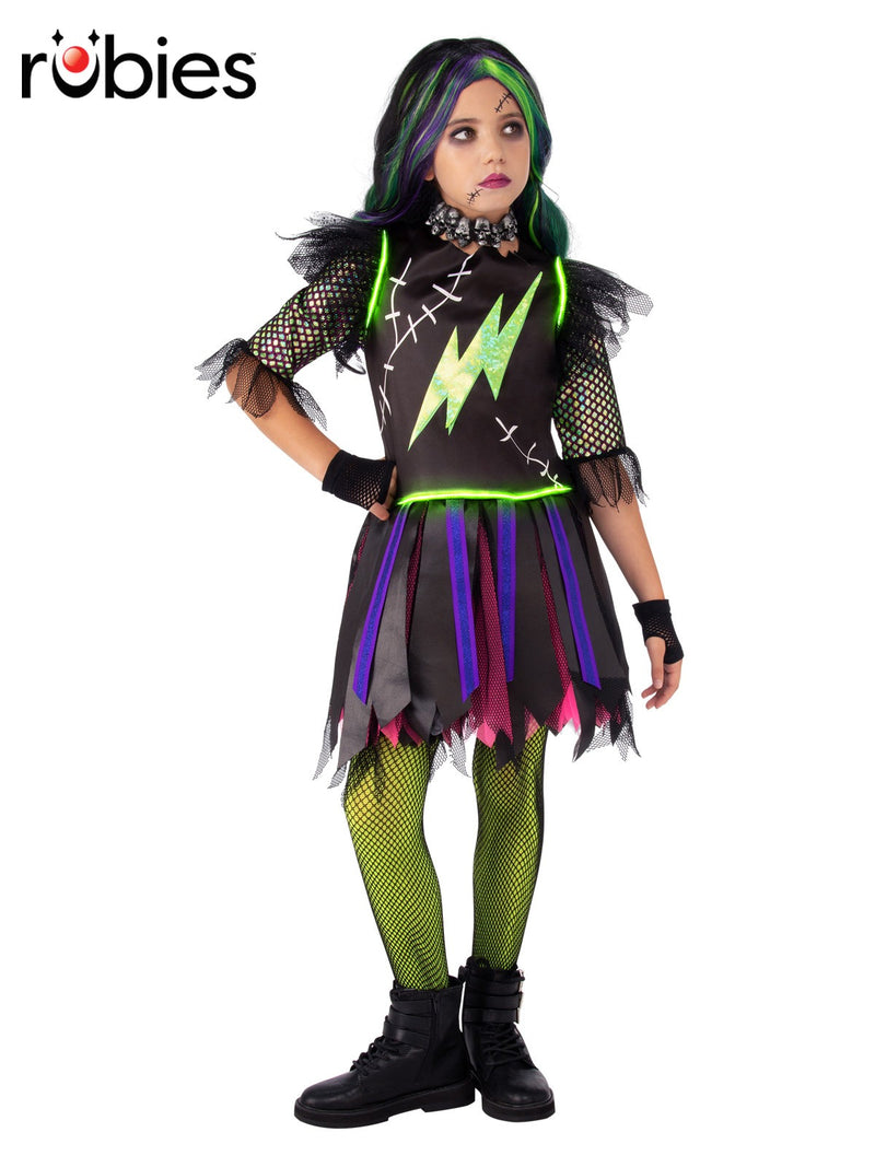 Kids Frankenstein Girl costume dress with light-up green piping and lightning bolt appliqué