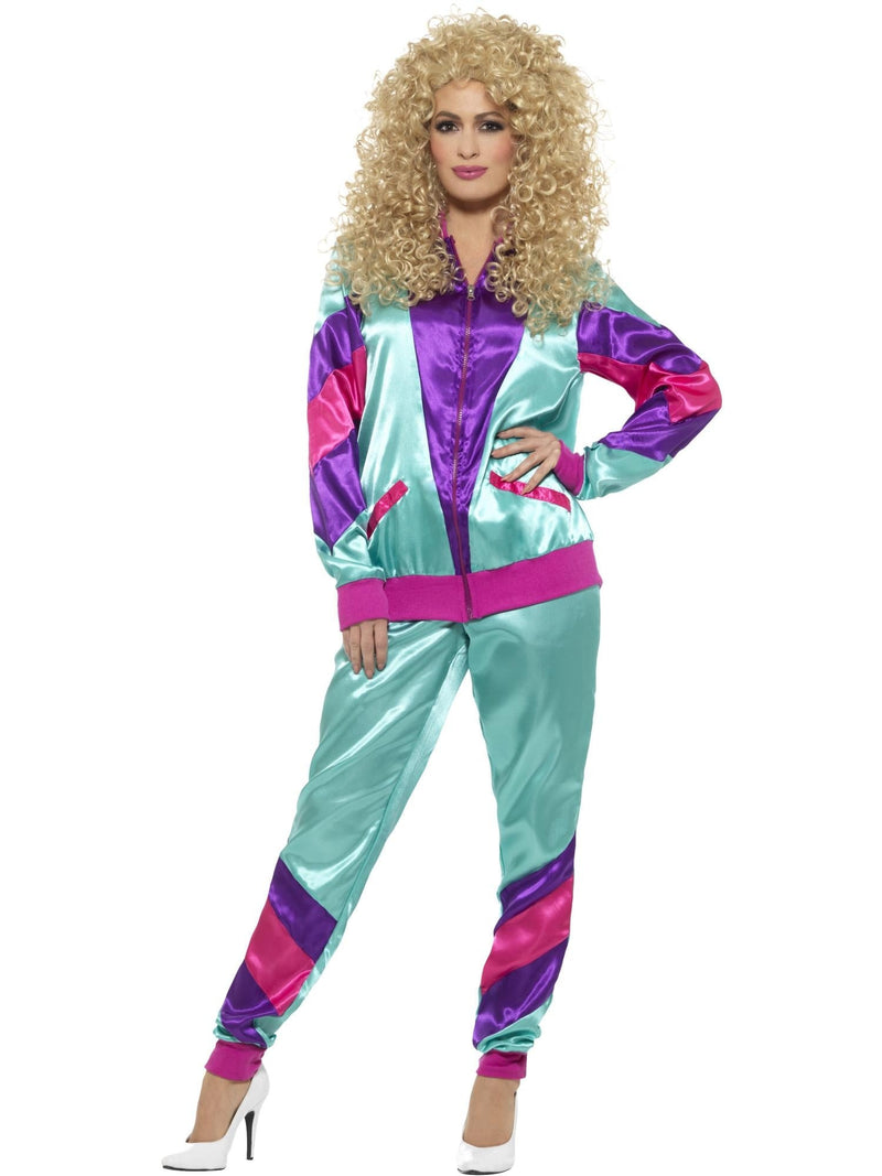 Womens 80s shell suit costume in turquoise purple and hot pink color-blocked tracksuit