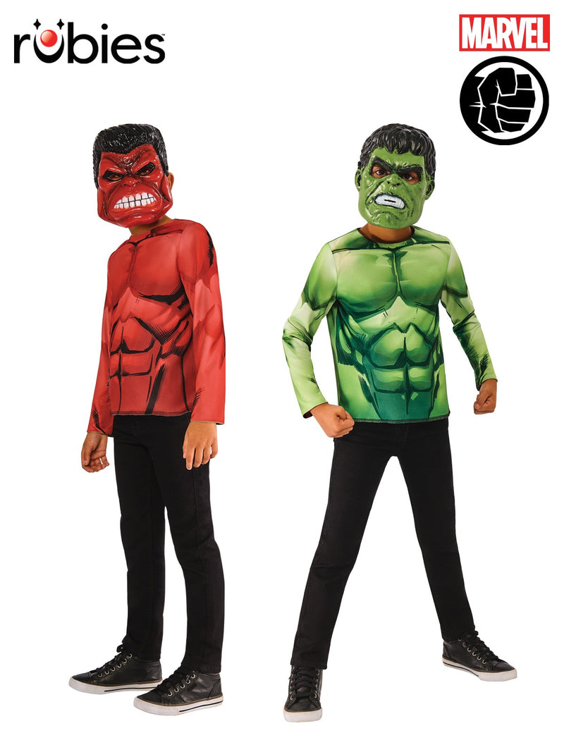 Kids Marvel Hulk reversible costume with red muscle top, green interior, and two character masks