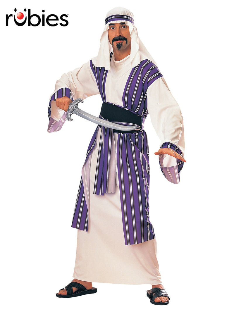 Adult Arabian Prince costume with cream robe and purple striped tunic overlay on model