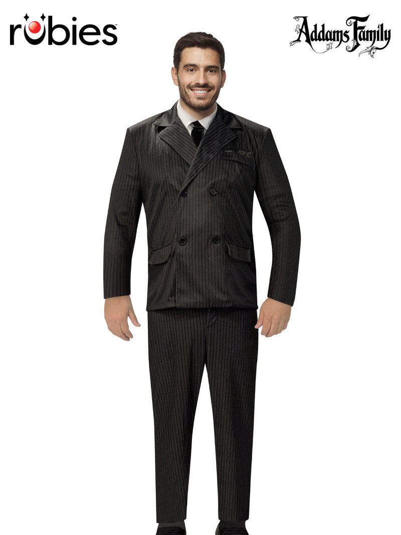 Adult Gomez Addams pinstripe suit costume with double-breasted jacket