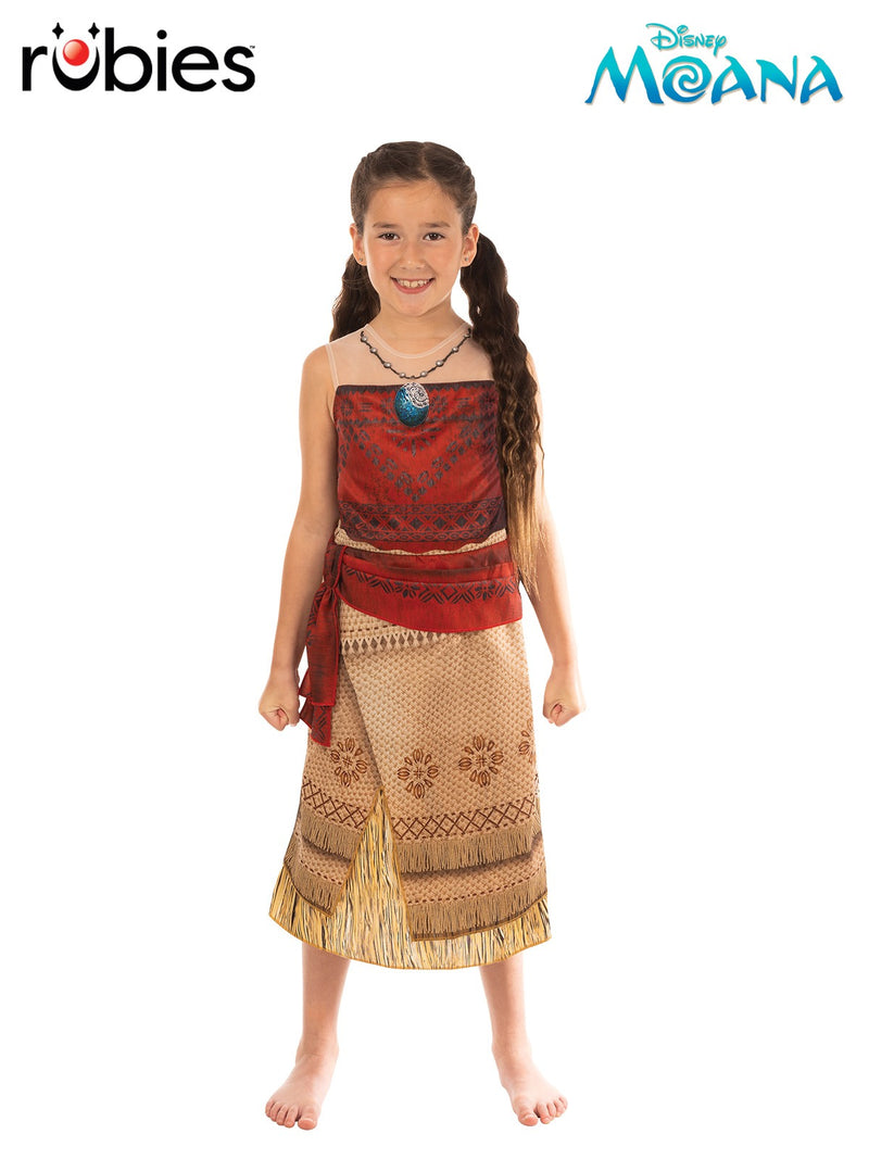 Girls wearing Disney Moana costume dress with heart pendant and printed Polynesian skirt