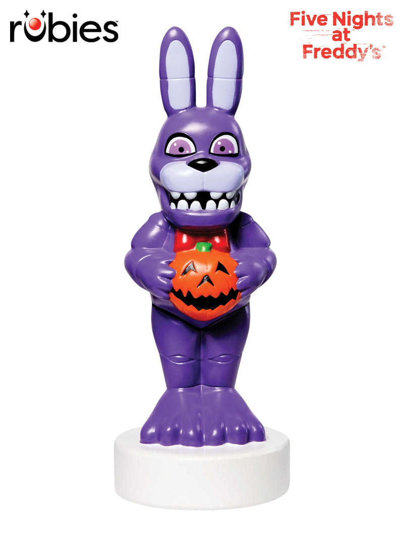 FNAF Bonnie purple rabbit figurine holding orange jack-o-lantern bucket on white base