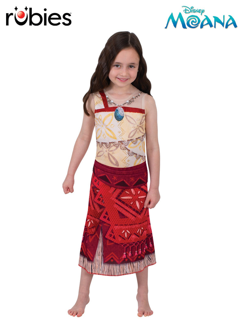 Kids Moana costume dress with printed Polynesian patterns and layered red skirt