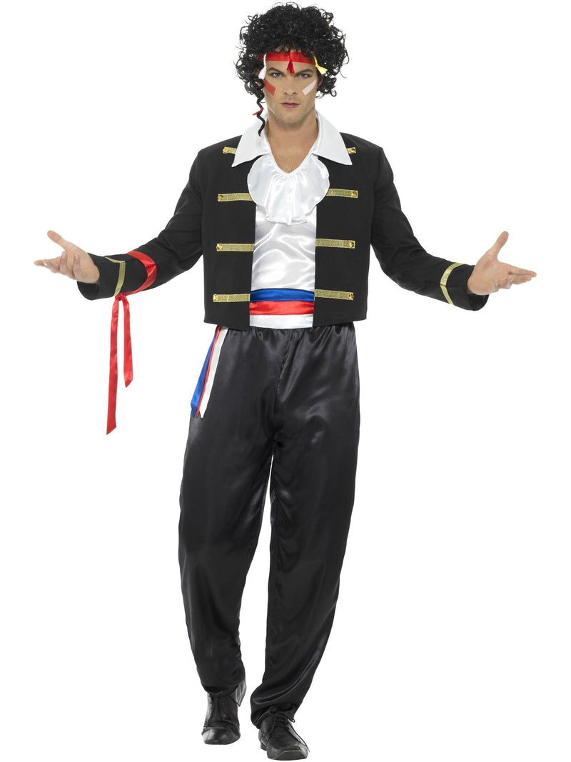 Mens 80s New Romantic Pop Star Costume with black military jacket, gold trim, ruffled white shirt front, and red headband
