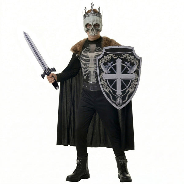 Kids wearing Skeleton King costume with fur-trimmed cape, crown, sword and shield
