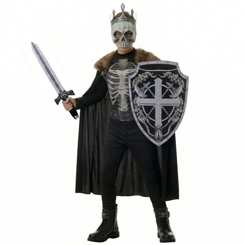 Kids wearing Skeleton King costume with fur-trimmed cape, crown, sword and shield