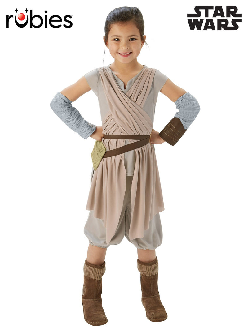 Kids Rey Star Wars costume with beige tunic, grey shorts, and arm gauntlets