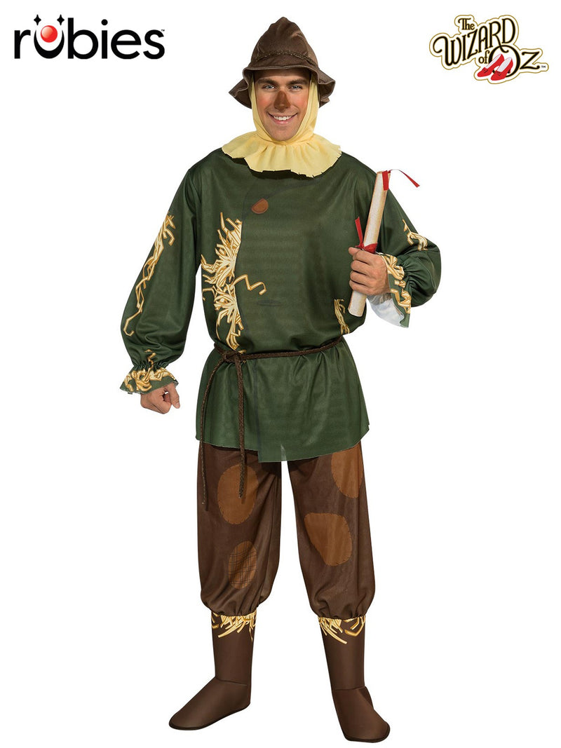 Adult Wizard of Oz Scarecrow costume with olive tunic, patched trousers, floppy hat