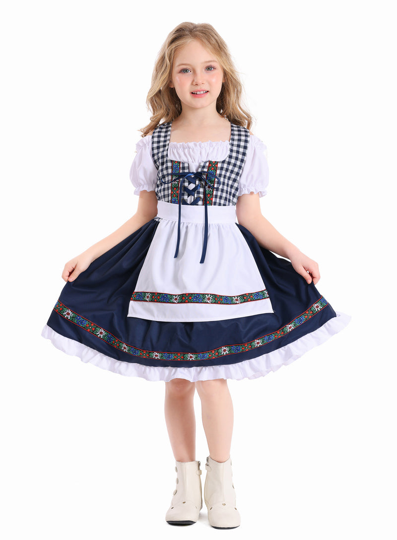 Girls Bavarian dirndl costume with navy skirt and gingham bodice