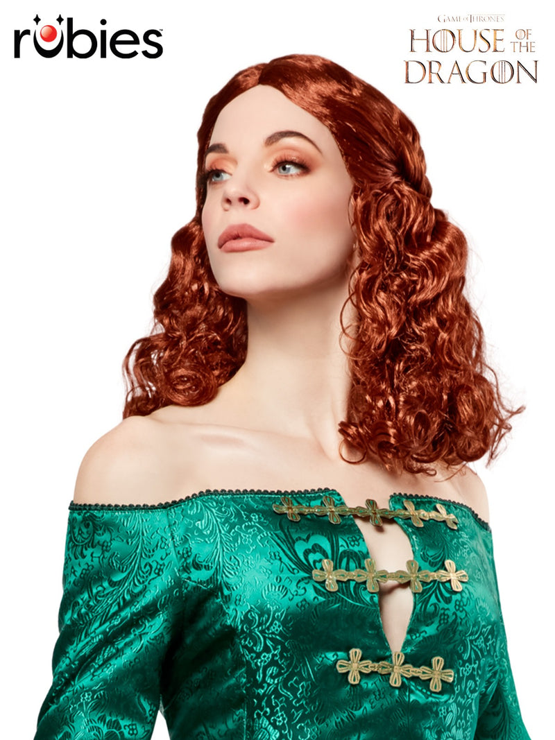 Adult Alicent Hightower wig with long auburn curls and partial pull-back styling