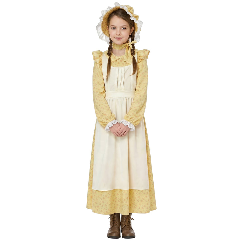 Kids pioneer prairie girl costume set with yellow floral dress, cream apron and matching bonnet