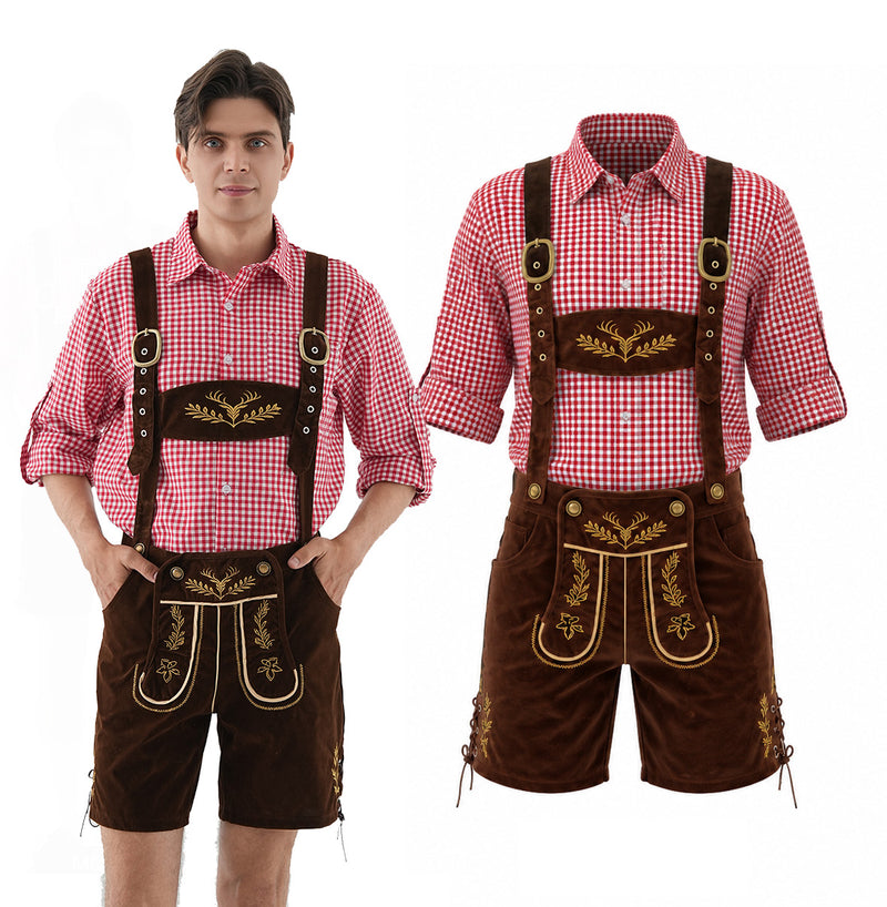 Mens Oktoberfest Lederhosen Costume - Red Check Shirt and Brown Bavarian Shorts Set