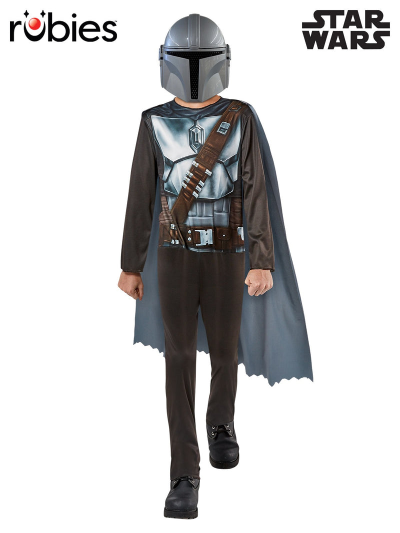 Kids Mandalorian costume with printed beskar armor jumpsuit and T-visor helmet