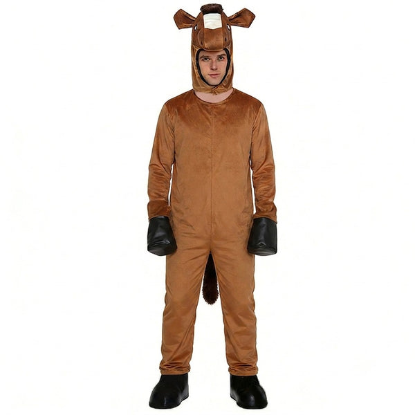 Adult wearing tan brown deer costume with hood, ears, and tail in plush fabric