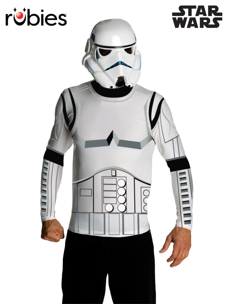 Adult wearing Star Wars Stormtrooper costume with white printed armor top and helmet mask
