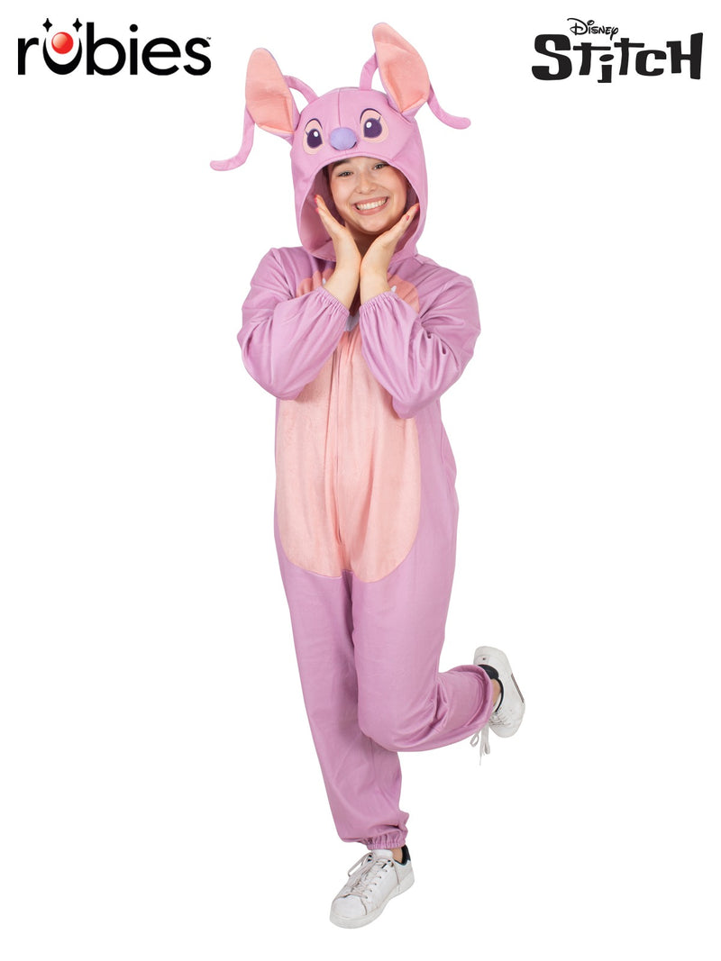 Adult Angel onesie costume from Lilo & Stitch, lavender plush jumpsuit with hood and ears