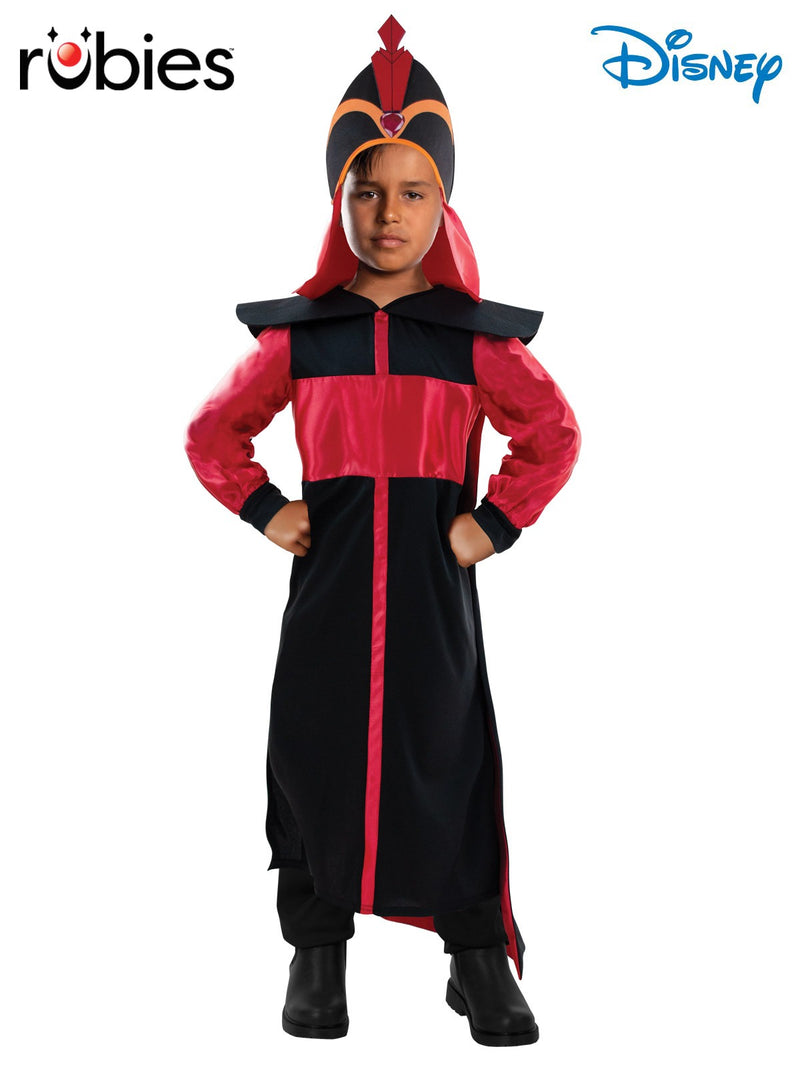 Kids Jafar costume with black and red robe, dramatic shoulder cape, and tall mitre headpiece