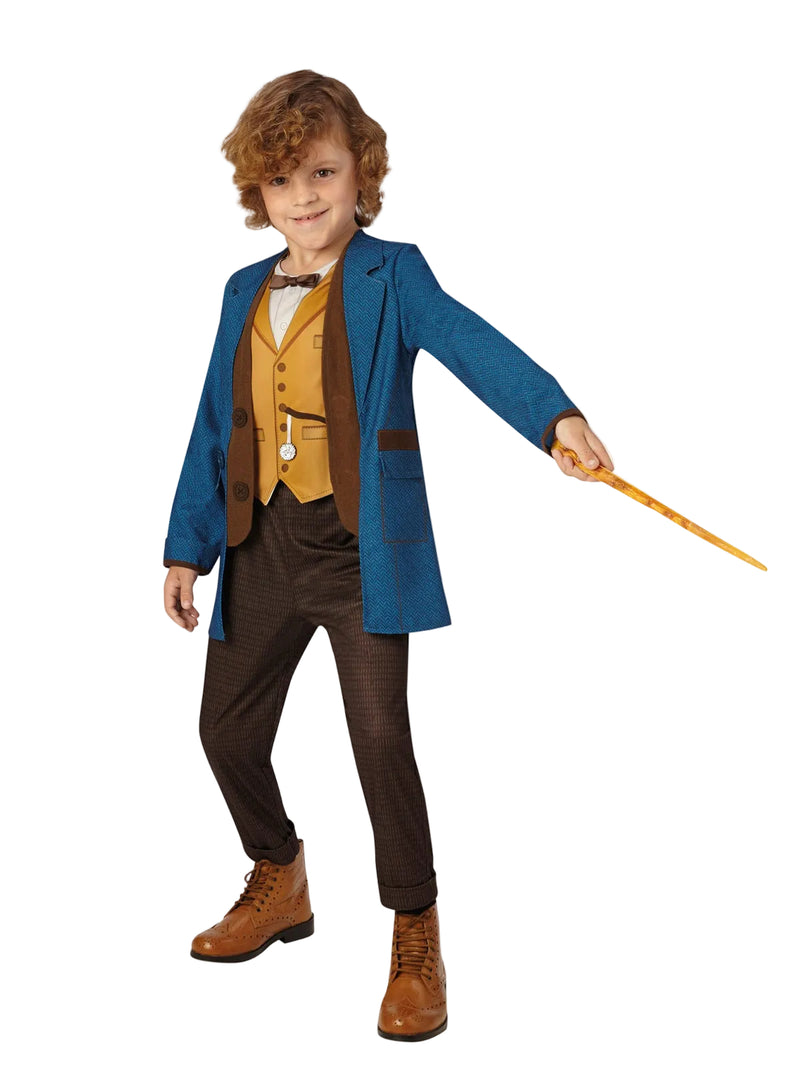 Kids Newt Scamander costume showing teal herringbone coat with mustard vest and brown trousers