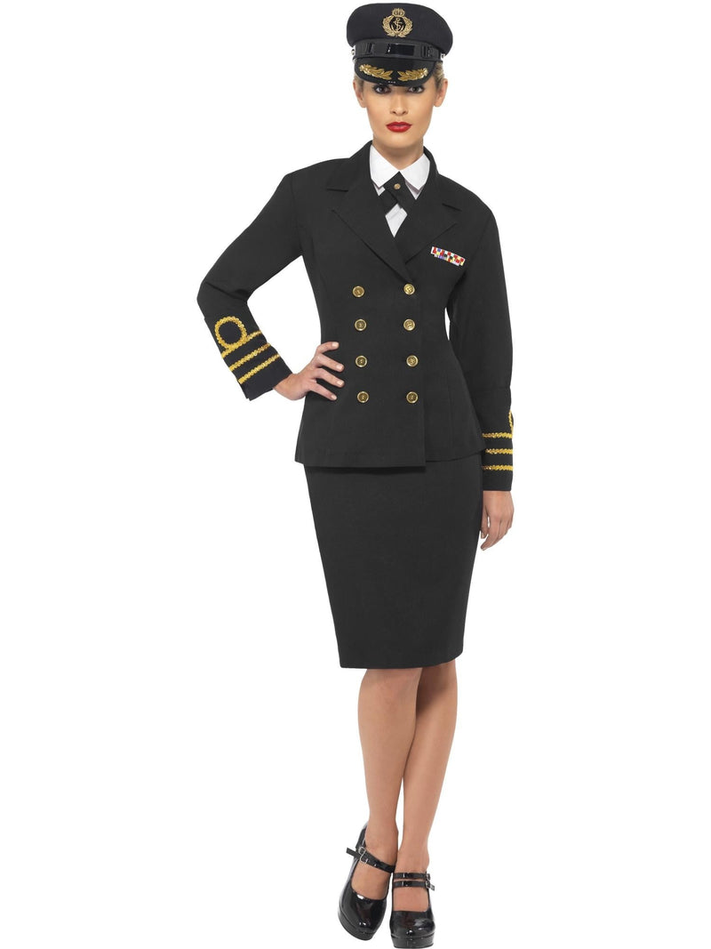 Womens Navy Officer Costume with black double-breasted jacket, gold braid insignia, and peaked cap