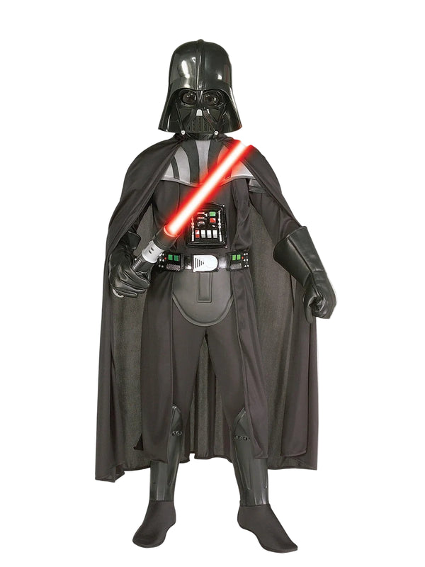 Kids Darth Vader costume with black jumpsuit, cape, helmet mask and 3D armor details