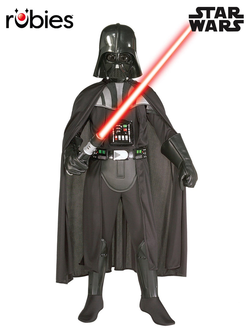 Kids Darth Vader costume with black jumpsuit, cape, helmet mask and 3D armor details