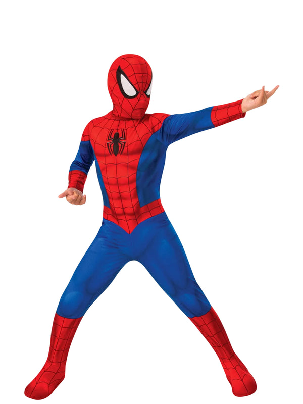 Kids Spider-Man costume full jumpsuit with red and blue web print and attached hood
