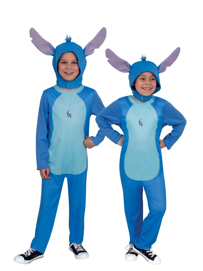 Kids Stitch costume front view showing royal blue jumpsuit with light blue belly panel and purple stand-up ears