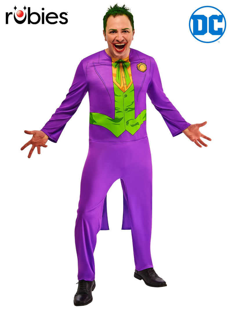 Adult Joker costume full body view showing purple jumpsuit with printed suit details and long coat tails