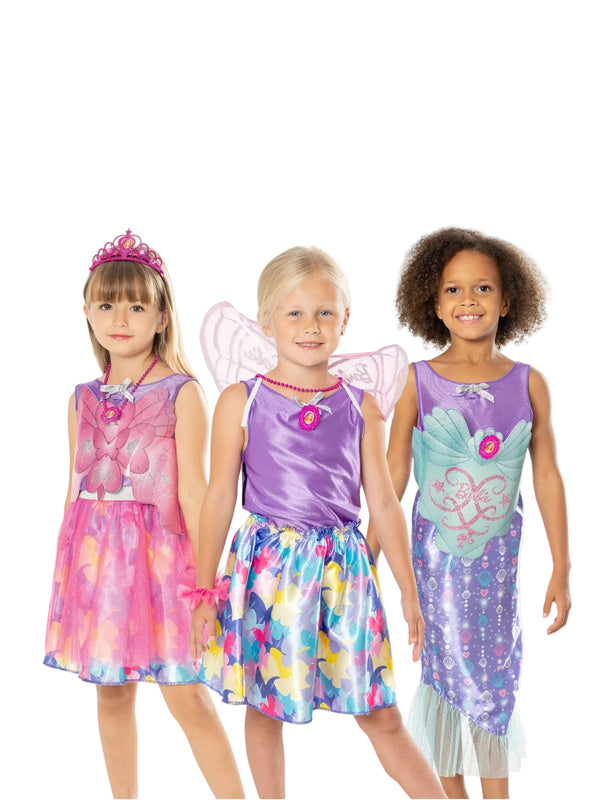 Kids Barbie Dress Up Trunk with mermaid fairy princess costumes displayed