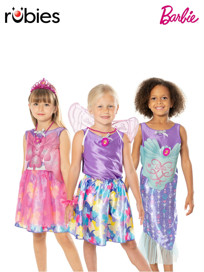 Kids Barbie Dress Up Trunk with mermaid fairy princess costumes displayed