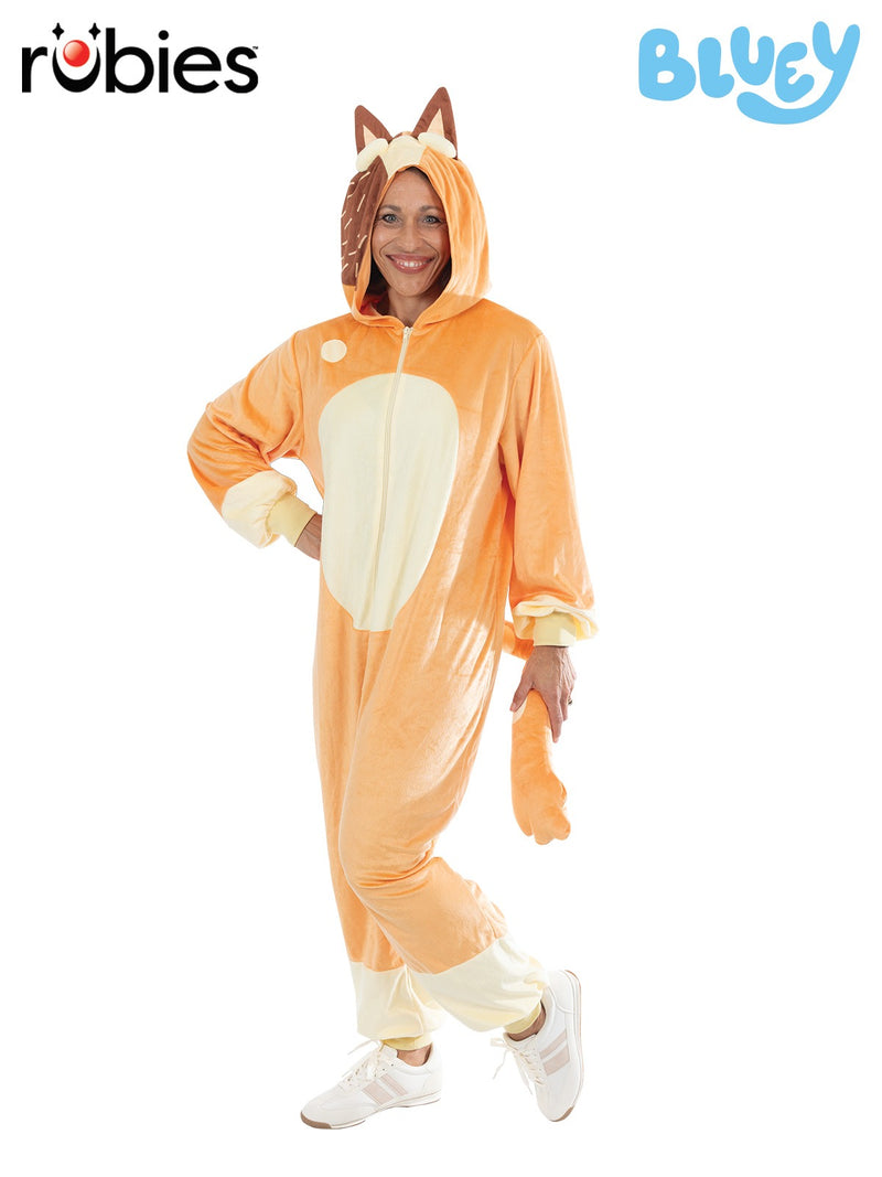 Adult wearing peachy-orange Bluey Chilli hooded onesie costume with 3D ears and embroidered facial markings