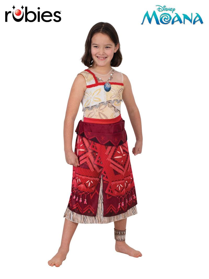 Kids Moana costume dress with Polynesian tapa print and burgundy skirt