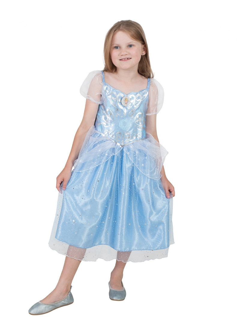 Kids Cinderella blue ball gown dress with silver scrollwork bodice and sparkly tulle overlay
