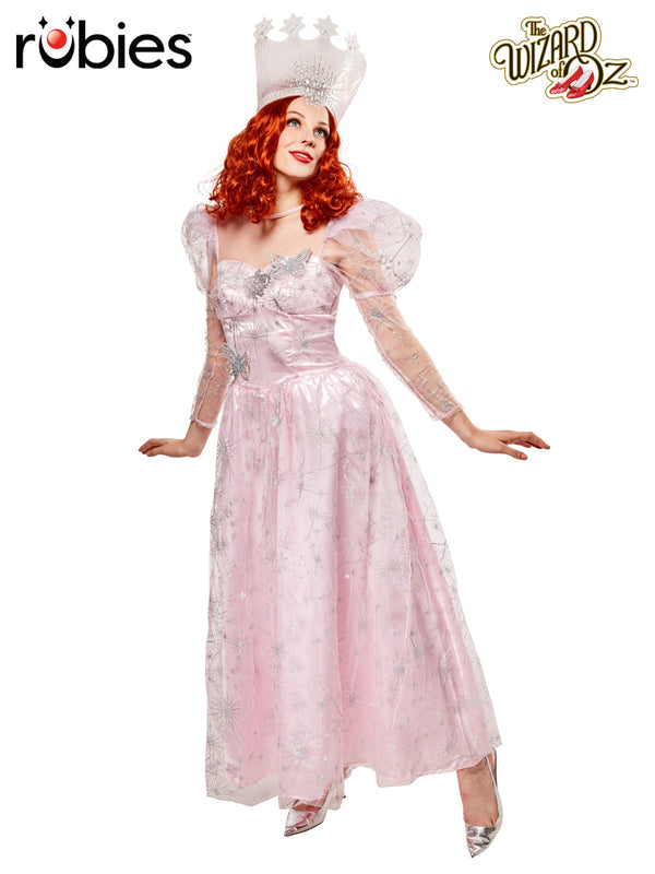 Womens Glinda the Good Witch costume with pink satin gown, silver glitter tulle overlay, and jeweled crown