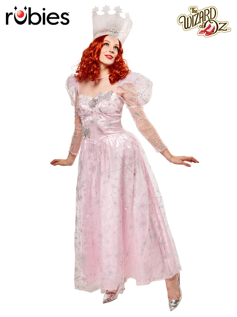 Womens Glinda the Good Witch costume with pink satin gown, silver glitter tulle overlay, and jeweled crown