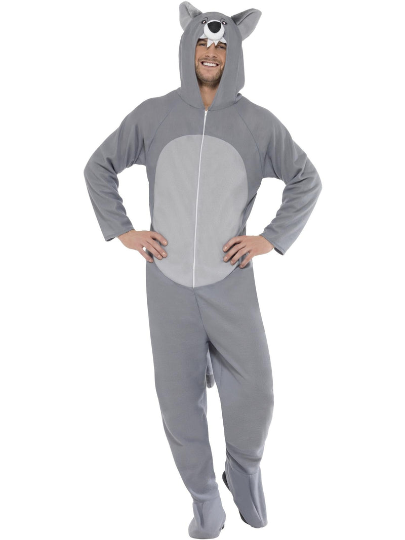 Adult gray wolf onesie costume with 3D hood and protruding snout