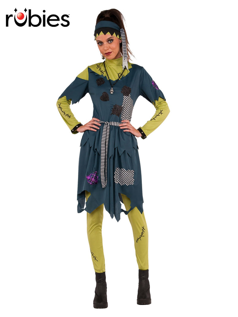 Womens Franny Stein Costume full view showing teal patchwork dress with jagged hem and stitched green leggings
