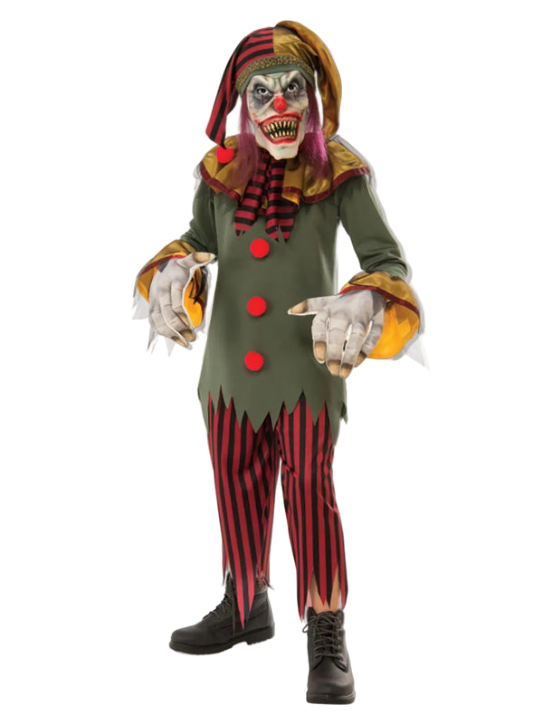 Kids evil jester costume with striped pants and creepy clown mask on white background