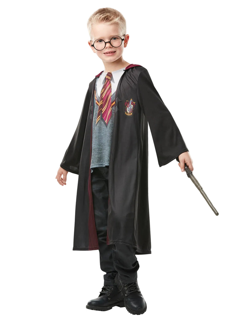 Child wearing black Harry Potter Gryffindor wizard robe with burgundy-lined hood and printed house sweater
