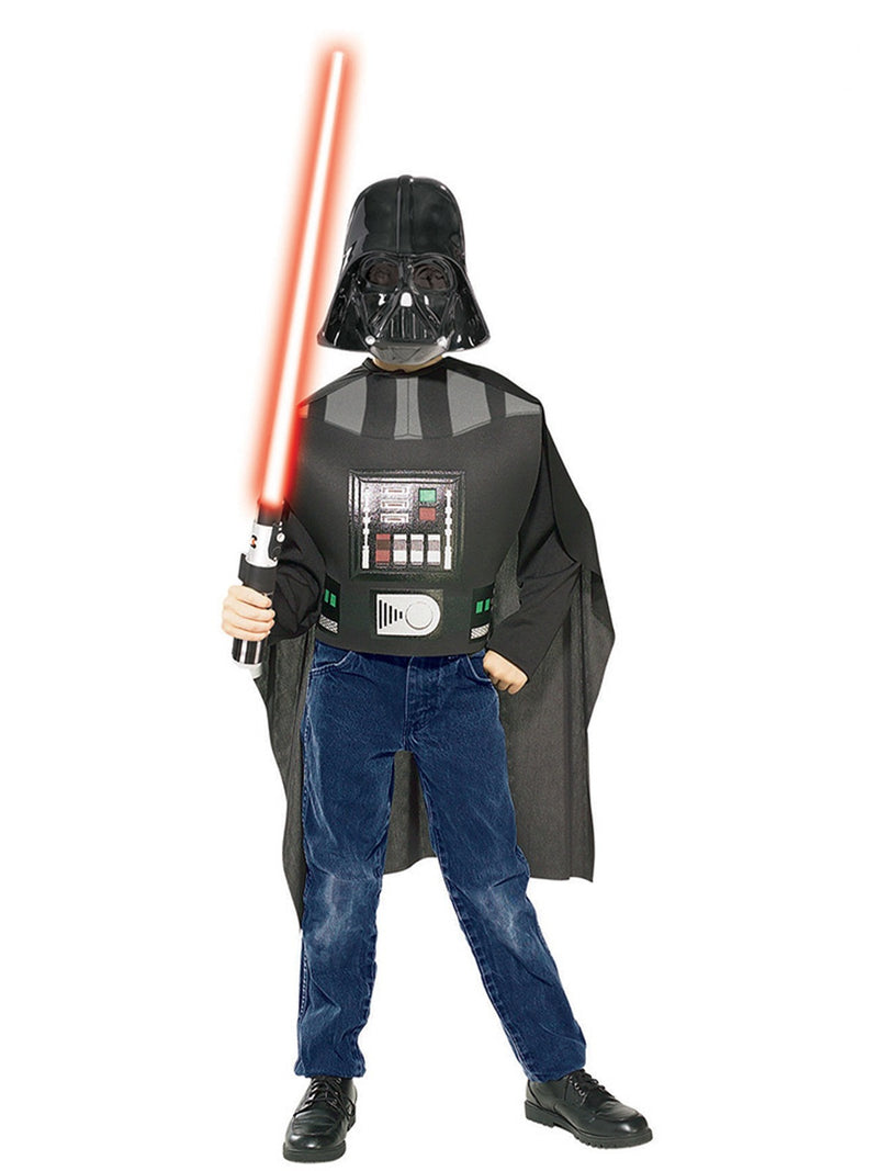 Kids Darth Vader costume with black tabard, flowing cape and iconic helmet mask
