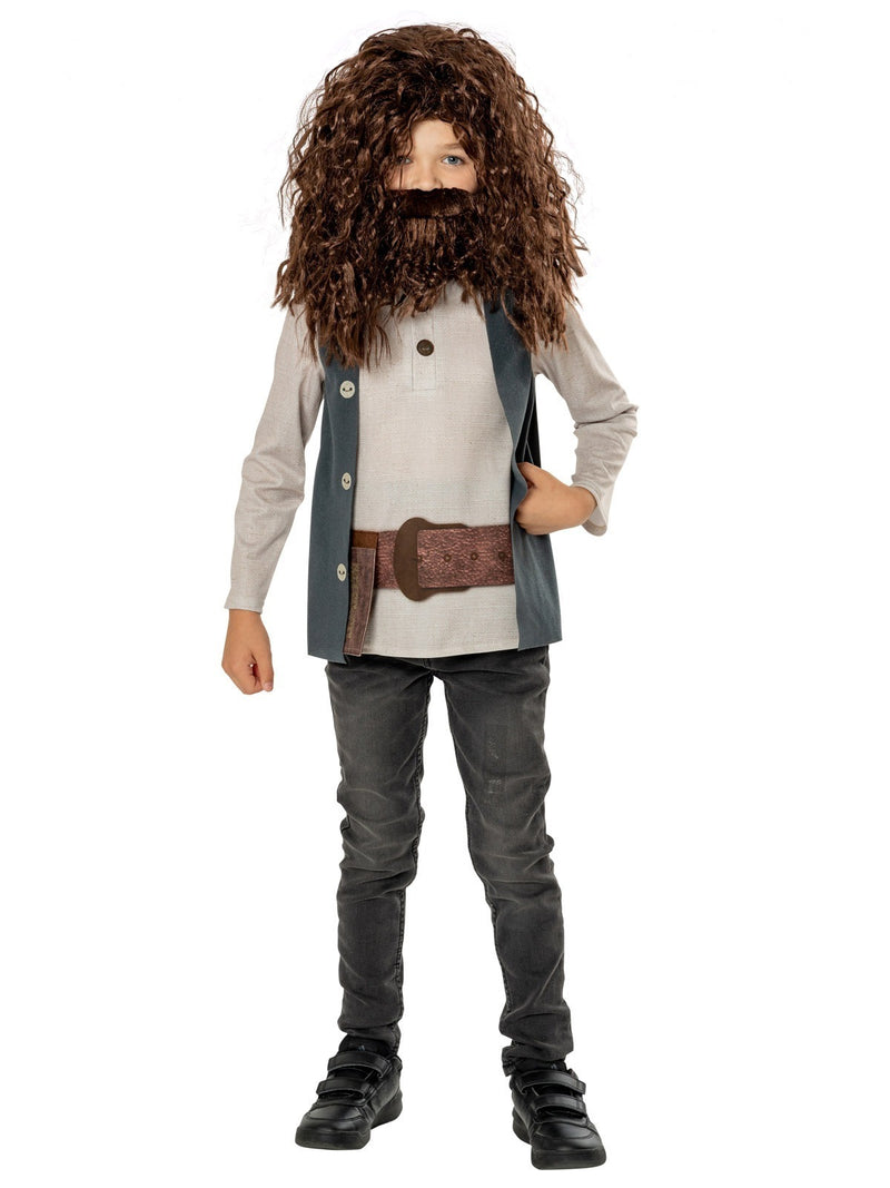 Kids Rubeus Hagrid costume with beige tunic, waistcoat, belt and wild wig