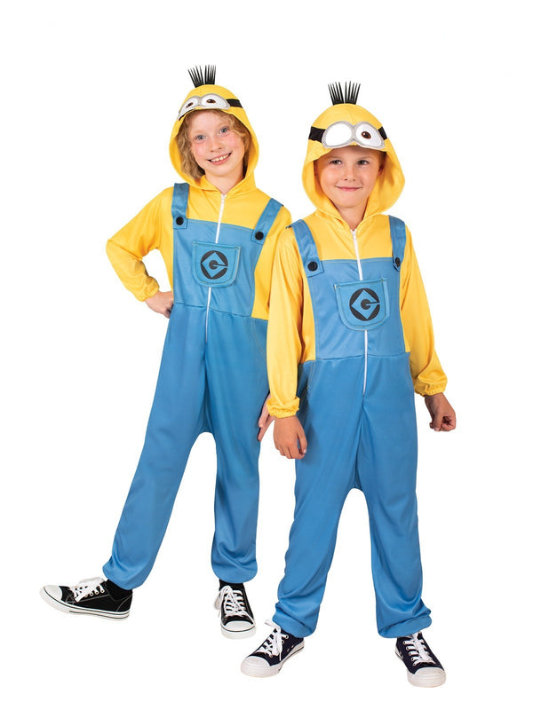 Kids Minion costume yellow jumpsuit with blue overalls and goggle hood front view