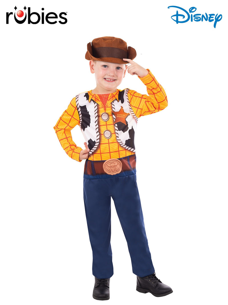 Kids Sheriff Woody costume jumpsuit with printed vest and cowboy hat from Toy Story
