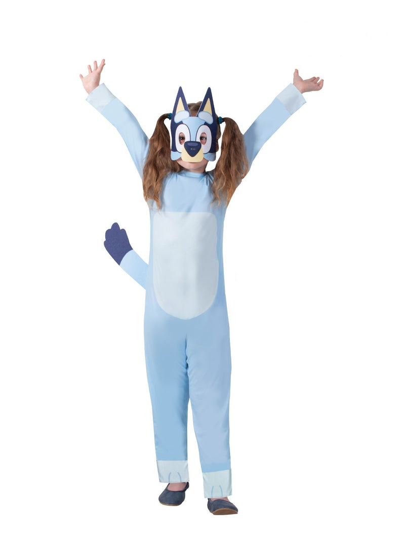 Kids Bluey costume jumpsuit in light blue fleece with cream belly panel and attached tail