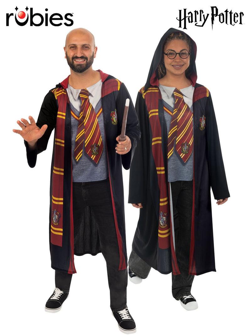Adult Harry Potter Gryffindor robe with burgundy and gold trim, satin-lined hood