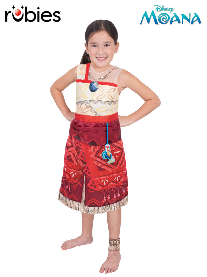 Kids Moana Costume Deluxe with burgundy tribal print dress and Hei Hei rooster accessory