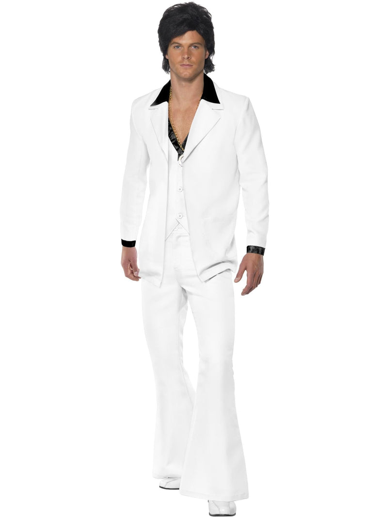 Mens white 70s disco suit costume with black collar and cuffs, flared trousers