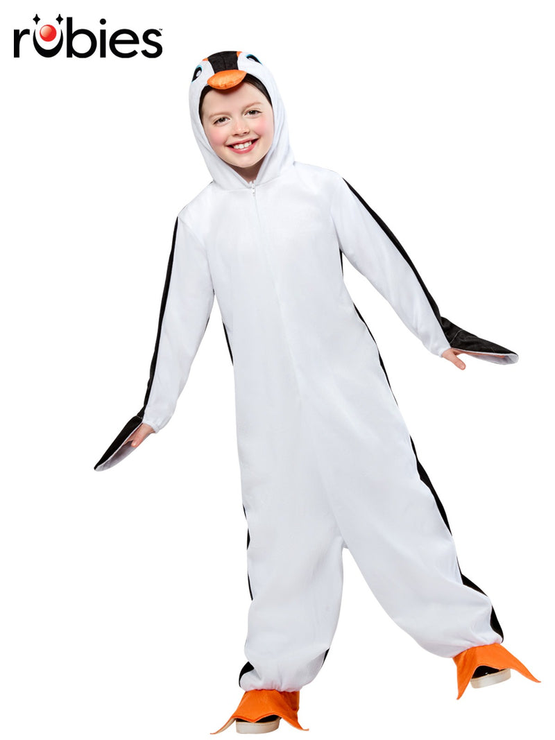 Kids penguin costume full-body plush onesie with attached hood and 3D orange beak